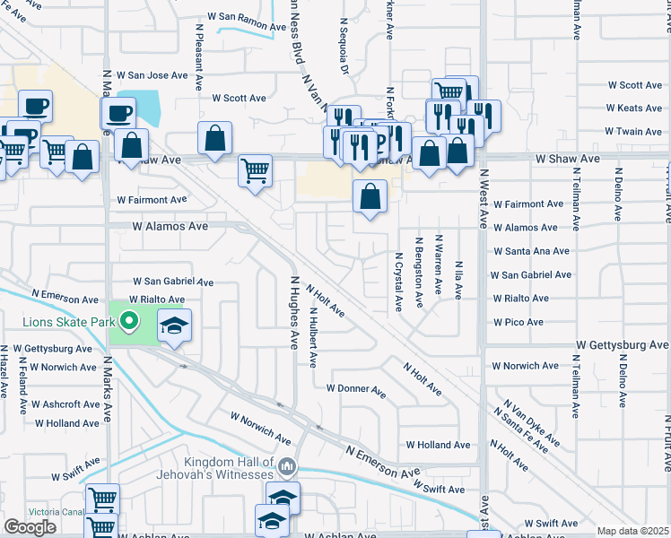 map of restaurants, bars, coffee shops, grocery stores, and more near 1925 West Santa Ana Avenue in Fresno