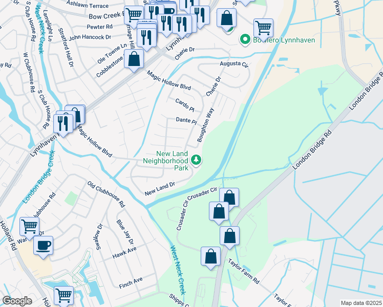 map of restaurants, bars, coffee shops, grocery stores, and more near 2900 Old Glory Road in Virginia Beach