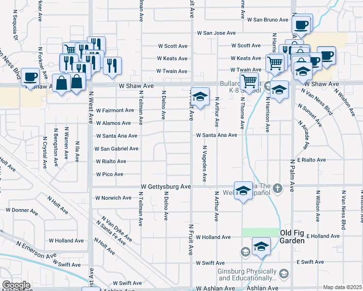 map of restaurants, bars, coffee shops, grocery stores, and more near 535 West Acacia Avenue in Fresno