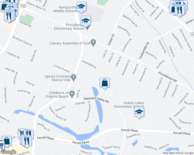 map of restaurants, bars, coffee shops, grocery stores, and more near 1209 Kittery Drive in Virginia Beach