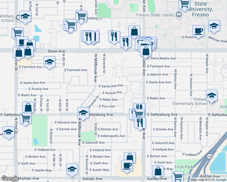 map of restaurants, bars, coffee shops, grocery stores, and more near 3907 East Acacia Avenue in Fresno