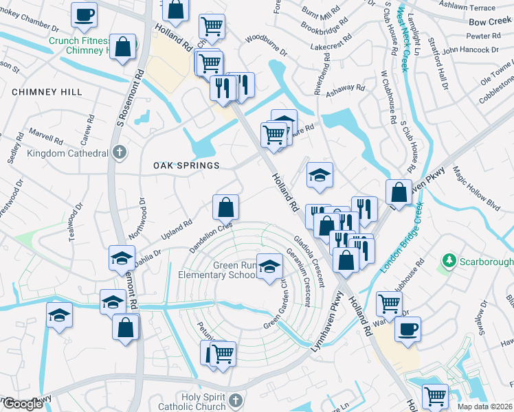 map of restaurants, bars, coffee shops, grocery stores, and more near 942 Smoke Tree Lane in Virginia Beach