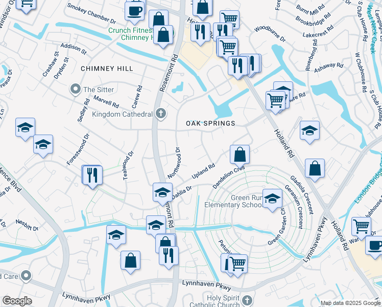 map of restaurants, bars, coffee shops, grocery stores, and more near 3721 Oak Creek Court in Virginia Beach