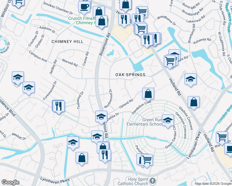 map of restaurants, bars, coffee shops, grocery stores, and more near 3789 Ridgeview Court in Virginia Beach