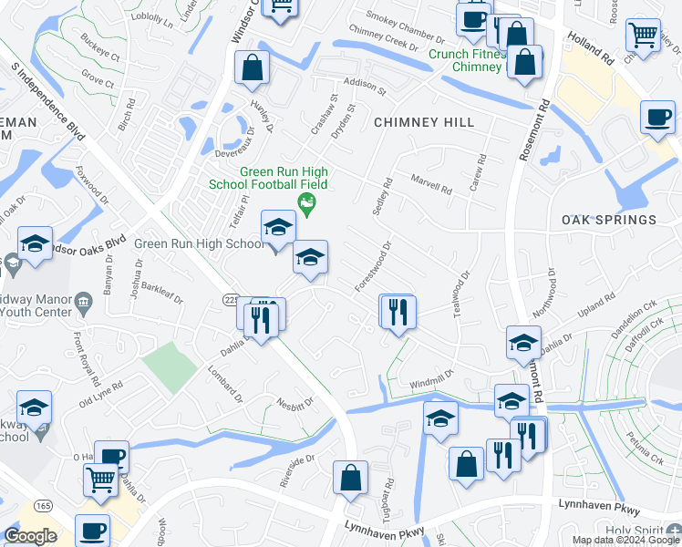 map of restaurants, bars, coffee shops, grocery stores, and more near 3856 Forestwood Court in Virginia Beach