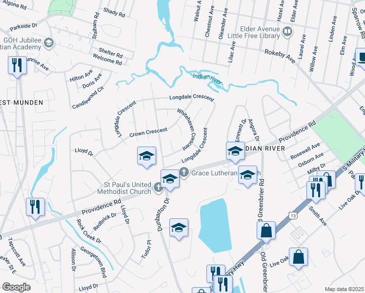 map of restaurants, bars, coffee shops, grocery stores, and more near 613 Whitehaven Crescent in Chesapeake
