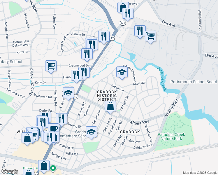 map of restaurants, bars, coffee shops, grocery stores, and more near 4 Decatur Street in Portsmouth