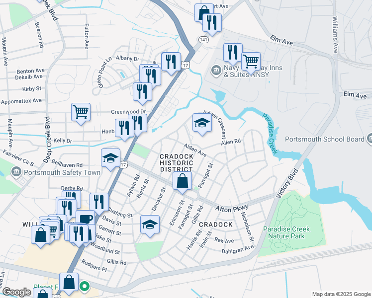 map of restaurants, bars, coffee shops, grocery stores, and more near 4 Decatur Street in Portsmouth