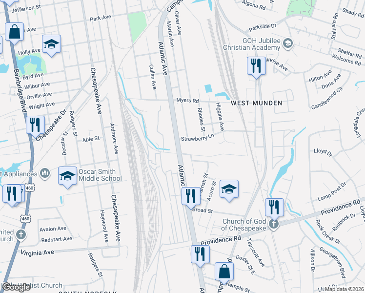 map of restaurants, bars, coffee shops, grocery stores, and more near 1656 Atlantic Avenue in Chesapeake