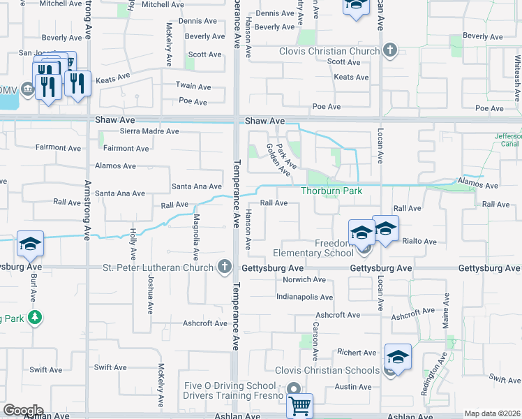 map of restaurants, bars, coffee shops, grocery stores, and more near 2476 Applegate Avenue in Clovis