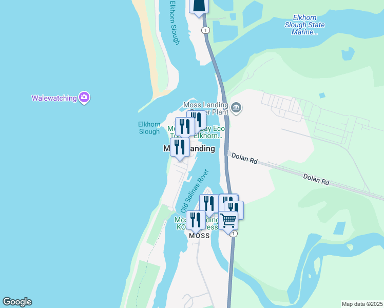 map of restaurants, bars, coffee shops, grocery stores, and more near Flounder Way in Moss Landing
