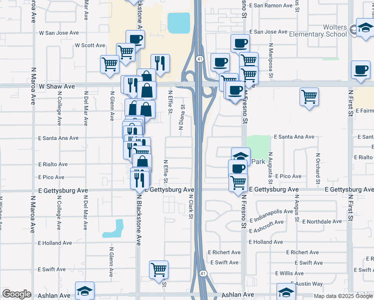 map of restaurants, bars, coffee shops, grocery stores, and more near 2034 East Acacia Avenue in Fresno