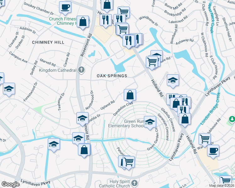 map of restaurants, bars, coffee shops, grocery stores, and more near 913 Westwind Place in Virginia Beach