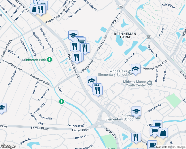 map of restaurants, bars, coffee shops, grocery stores, and more near 4581 Carriage Drive in Virginia Beach