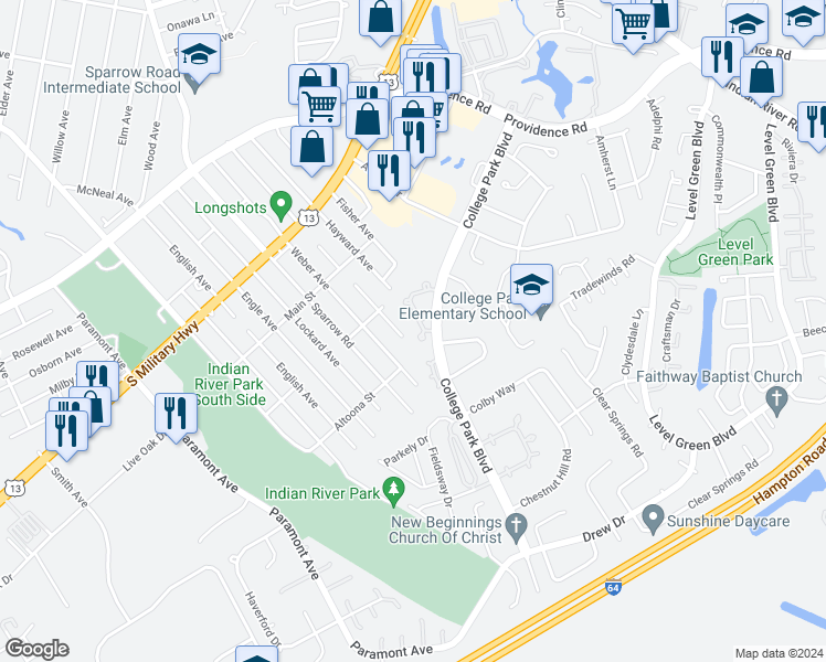 map of restaurants, bars, coffee shops, grocery stores, and more near 6470 Duquesne Place in Virginia Beach