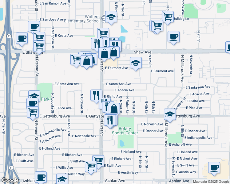 map of restaurants, bars, coffee shops, grocery stores, and more near 3182 East Acacia Avenue in Fresno