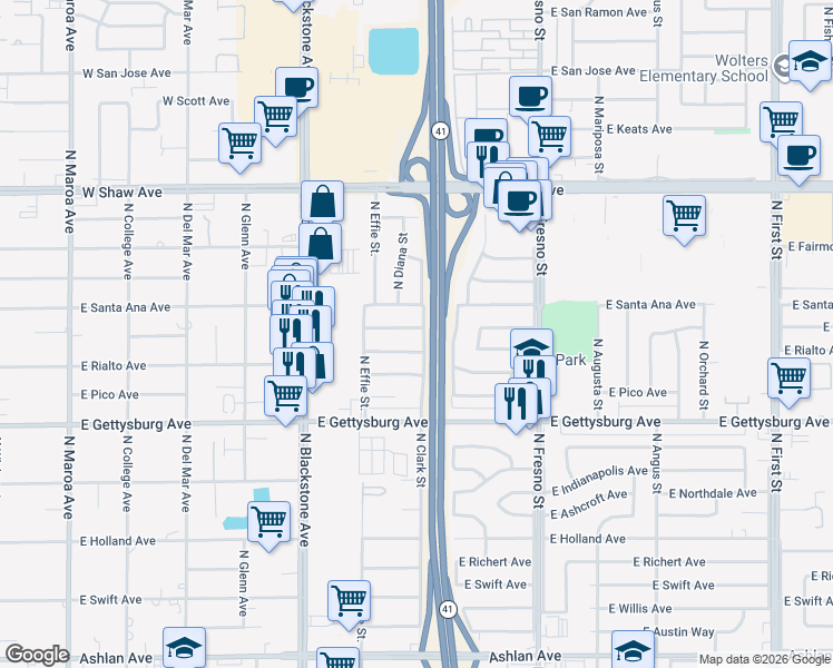 map of restaurants, bars, coffee shops, grocery stores, and more near 2044 East Acacia Avenue in Fresno