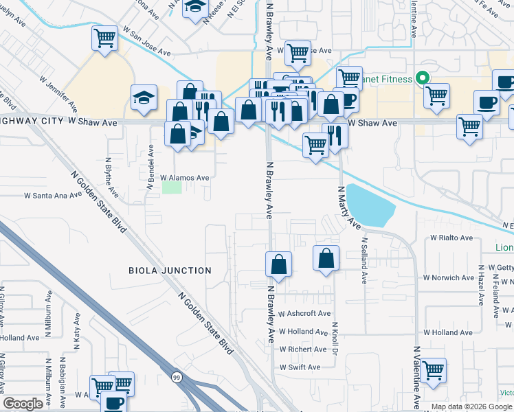 map of restaurants, bars, coffee shops, grocery stores, and more near 4603 North Brawley Avenue in Fresno