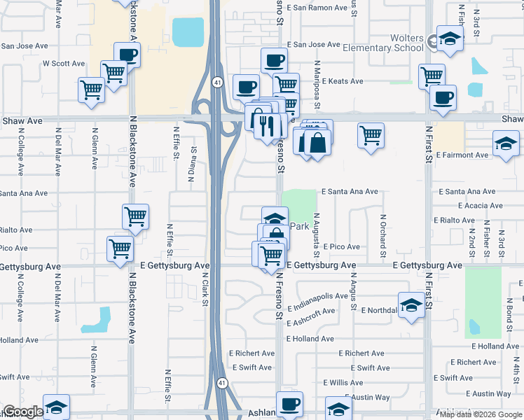 map of restaurants, bars, coffee shops, grocery stores, and more near 2404 East Acacia Avenue in Fresno