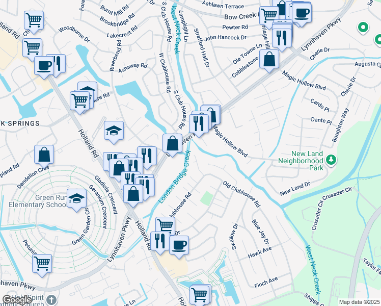 map of restaurants, bars, coffee shops, grocery stores, and more near 3247 Creekside Drive in Virginia Beach