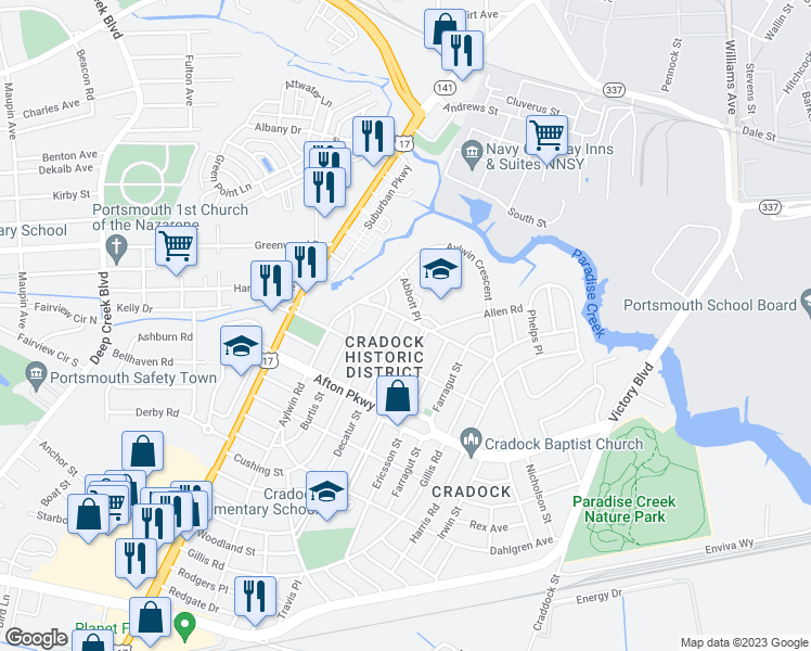 map of restaurants, bars, coffee shops, grocery stores, and more near 18 Alden Avenue in Portsmouth