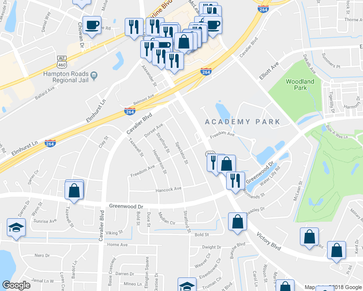 map of restaurants, bars, coffee shops, grocery stores, and more near 1603 Spectator Street in Portsmouth