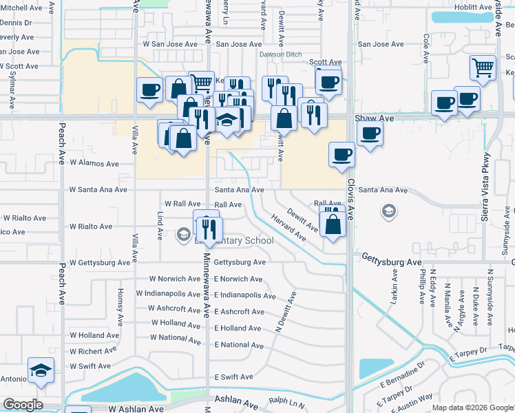 map of restaurants, bars, coffee shops, grocery stores, and more near 2444 Harvard Avenue in Clovis