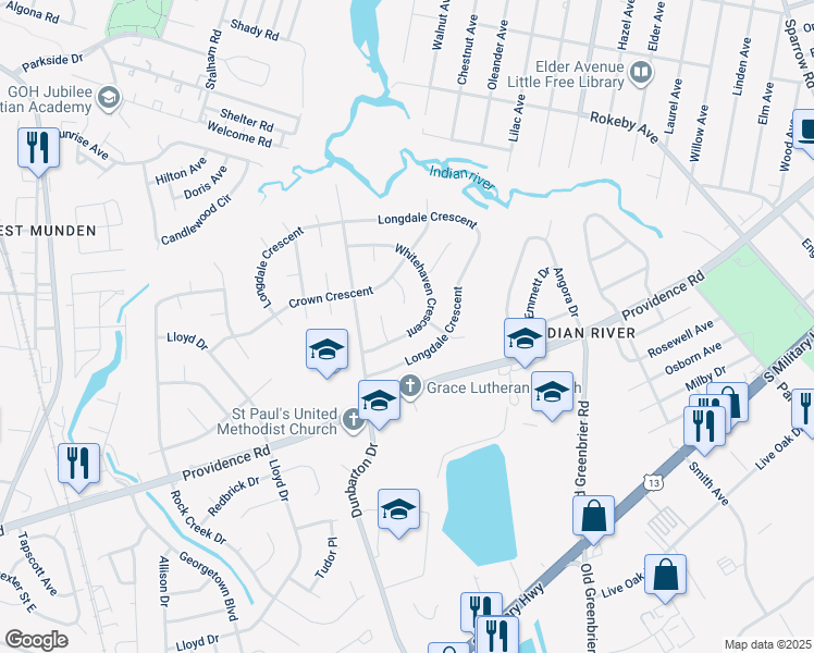 map of restaurants, bars, coffee shops, grocery stores, and more near 613 Whitehaven Crescent in Chesapeake