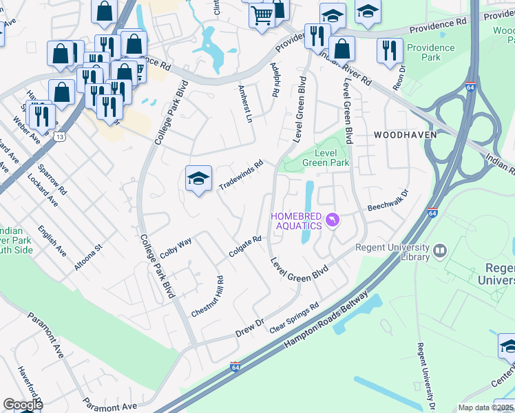 map of restaurants, bars, coffee shops, grocery stores, and more near 1165 Clydesdale Lane in Virginia Beach