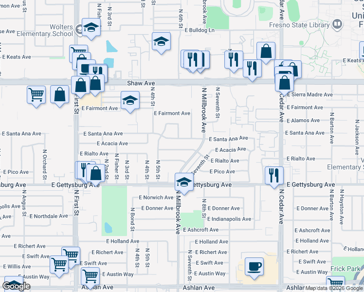 map of restaurants, bars, coffee shops, grocery stores, and more near 3611 East Rialto Avenue in Fresno