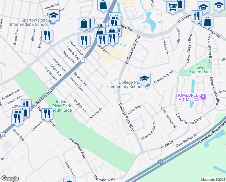map of restaurants, bars, coffee shops, grocery stores, and more near 6474 Duquesne Place in Virginia Beach