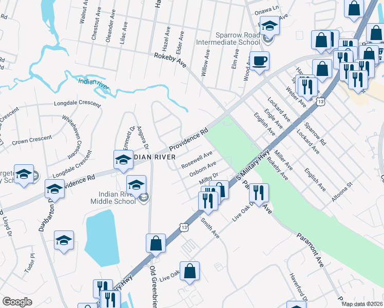 map of restaurants, bars, coffee shops, grocery stores, and more near 715 Bloom Avenue in Chesapeake