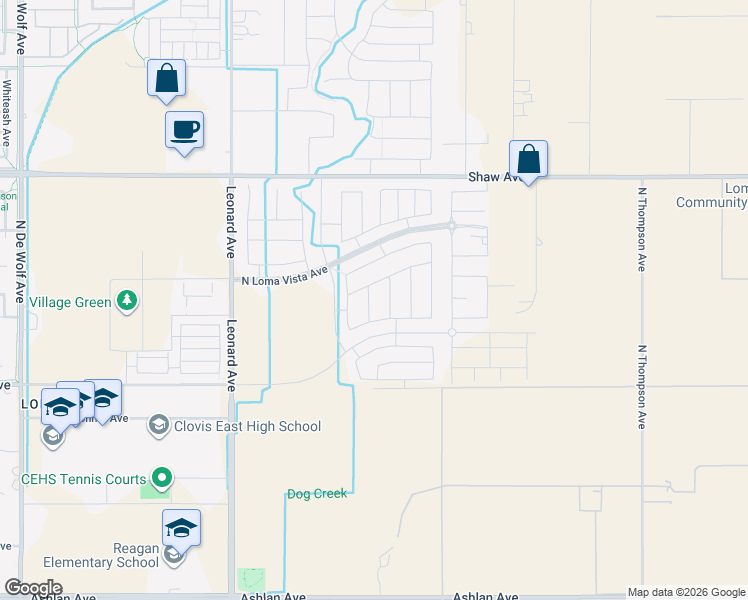 map of restaurants, bars, coffee shops, grocery stores, and more near 2479 La Canada Avenue in Clovis