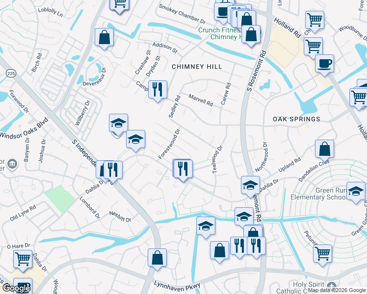map of restaurants, bars, coffee shops, grocery stores, and more near 3836 Foxglove Court in Virginia Beach