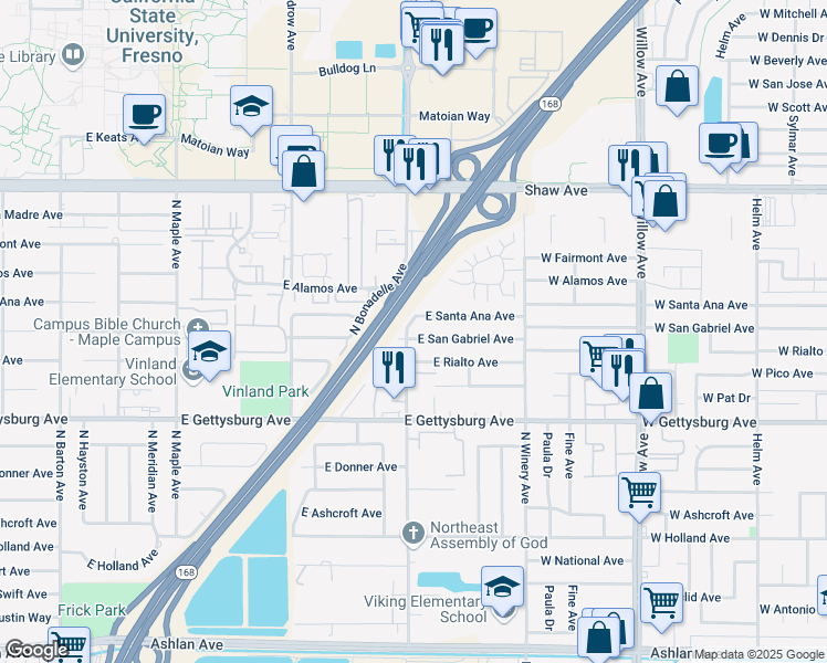 map of restaurants, bars, coffee shops, grocery stores, and more near 4756 North Chestnut Avenue in Fresno