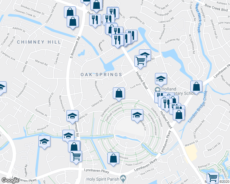 map of restaurants, bars, coffee shops, grocery stores, and more near 982 Smoke Tree Lane in Virginia Beach