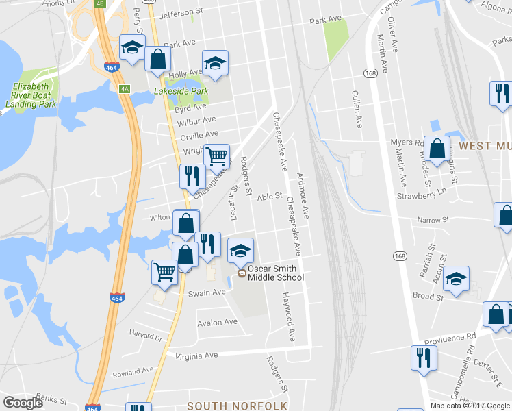 map of restaurants, bars, coffee shops, grocery stores, and more near 2219 Rodgers Street in Chesapeake
