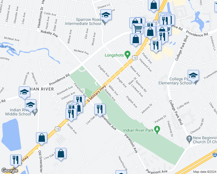 map of restaurants, bars, coffee shops, grocery stores, and more near 1909 Miller Avenue in Chesapeake