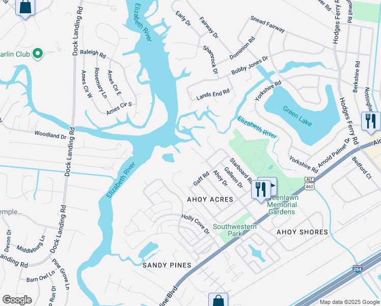 map of restaurants, bars, coffee shops, grocery stores, and more near 4025 Ahoy Drive in Chesapeake