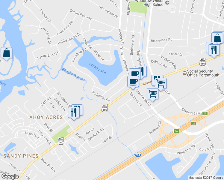 map of restaurants, bars, coffee shops, grocery stores, and more near 817 Nottingham Road in Portsmouth