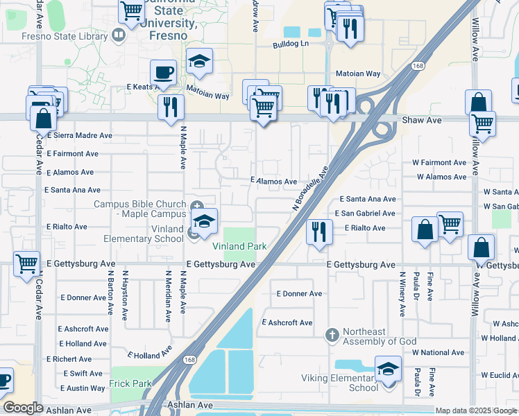 map of restaurants, bars, coffee shops, grocery stores, and more near 4703 East San Gabriel Avenue in Fresno
