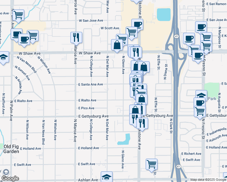 map of restaurants, bars, coffee shops, grocery stores, and more near 4750 North Del Mar Avenue in Fresno