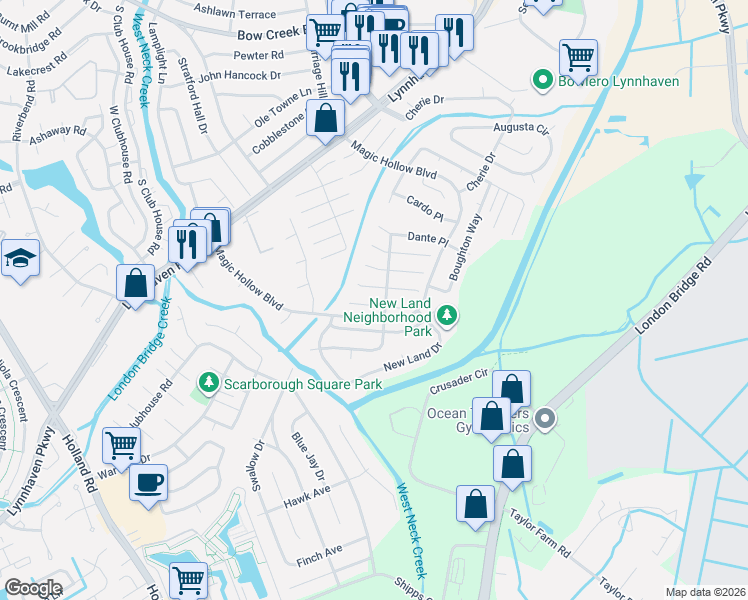 map of restaurants, bars, coffee shops, grocery stores, and more near 2928 Guther Place in Virginia Beach