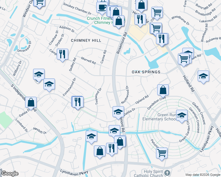 map of restaurants, bars, coffee shops, grocery stores, and more near 1088 Northwood Drive in Virginia Beach