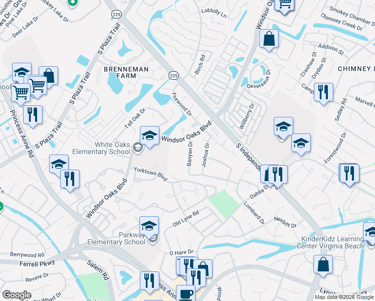 map of restaurants, bars, coffee shops, grocery stores, and more near 924 Banyan Drive in Virginia Beach