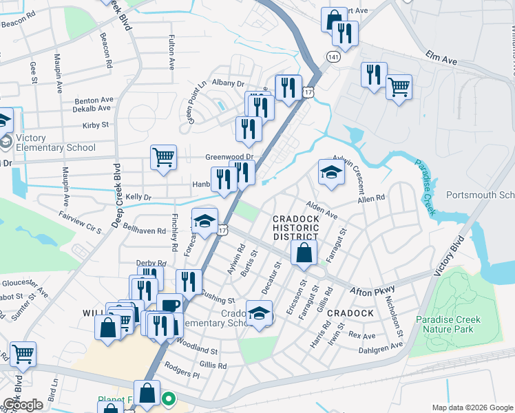 map of restaurants, bars, coffee shops, grocery stores, and more near 41 Aylwin Road in Portsmouth
