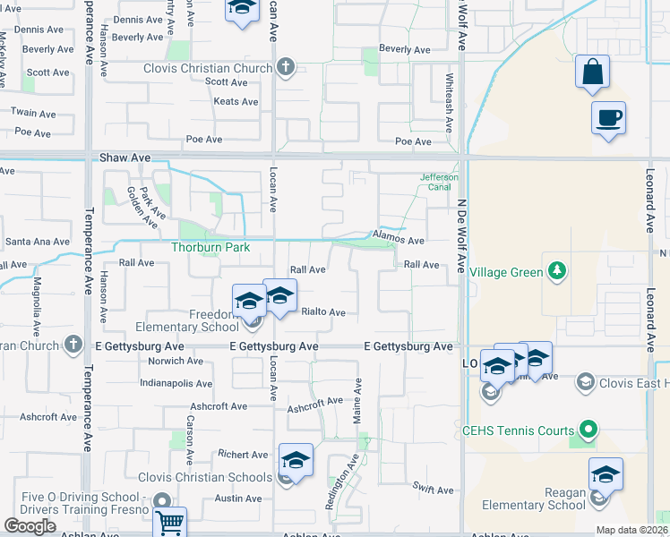 map of restaurants, bars, coffee shops, grocery stores, and more near 2467 Redington Avenue in Clovis