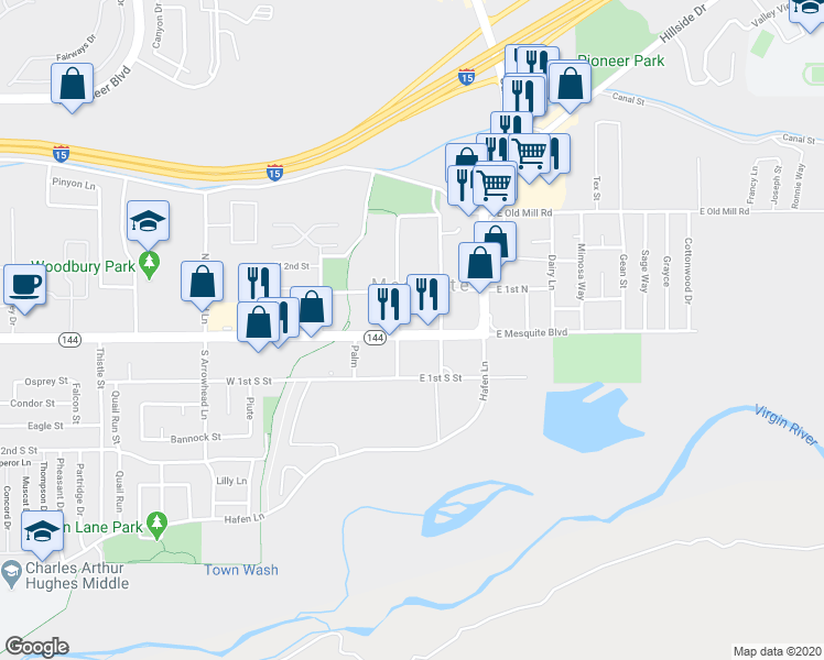 map of restaurants, bars, coffee shops, grocery stores, and more near 21 State Route 144 in Mesquite