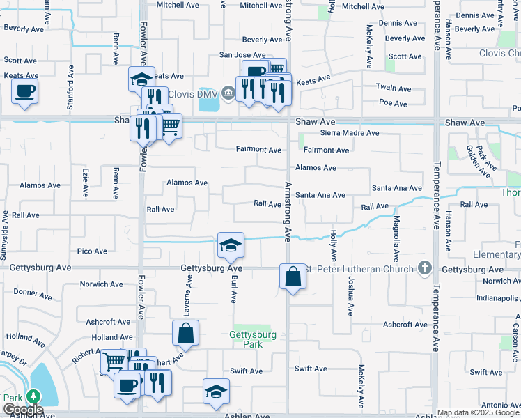 map of restaurants, bars, coffee shops, grocery stores, and more near 2148 Rall Avenue in Clovis