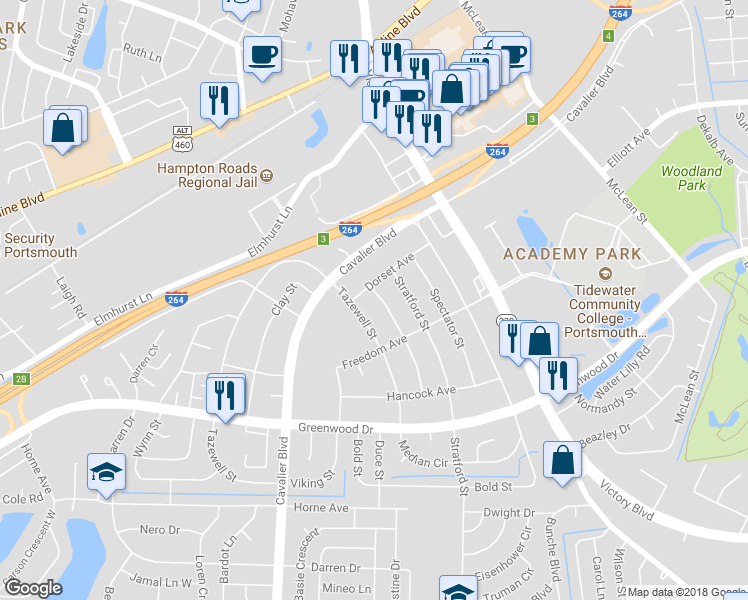map of restaurants, bars, coffee shops, grocery stores, and more near 614 Henderson Street in Portsmouth